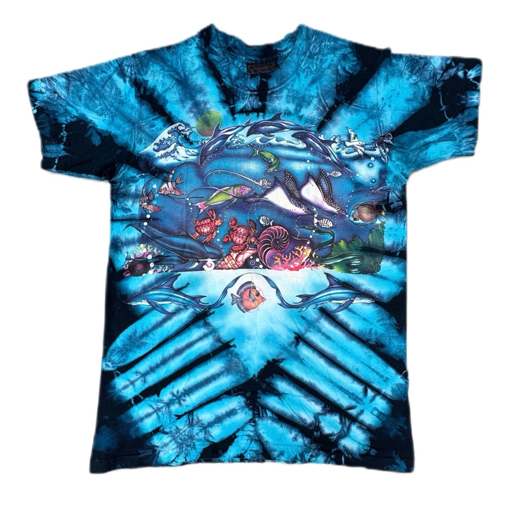 Vintage 90s Ocean Mermaid Sea Fish Dolphins Chapman Blue Tie Dye Graphic T-shirt